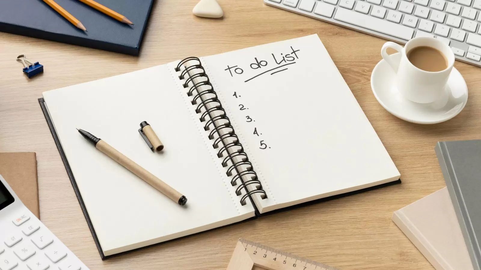 Mesa de trabalho com uma agenda