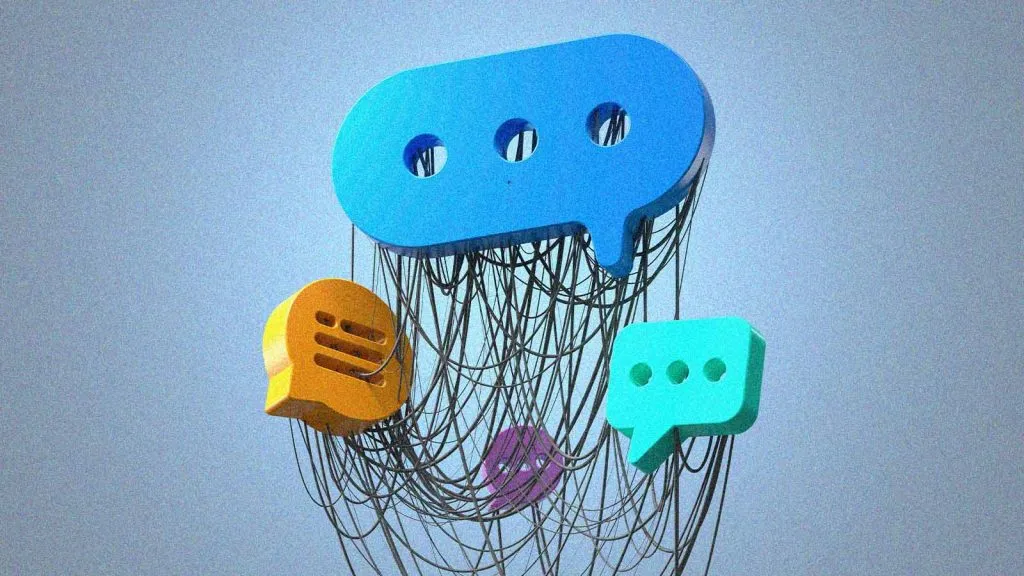 bal&otilde;es de conversas ligados por uma rede de fios, simbolizando conversas com chatbots