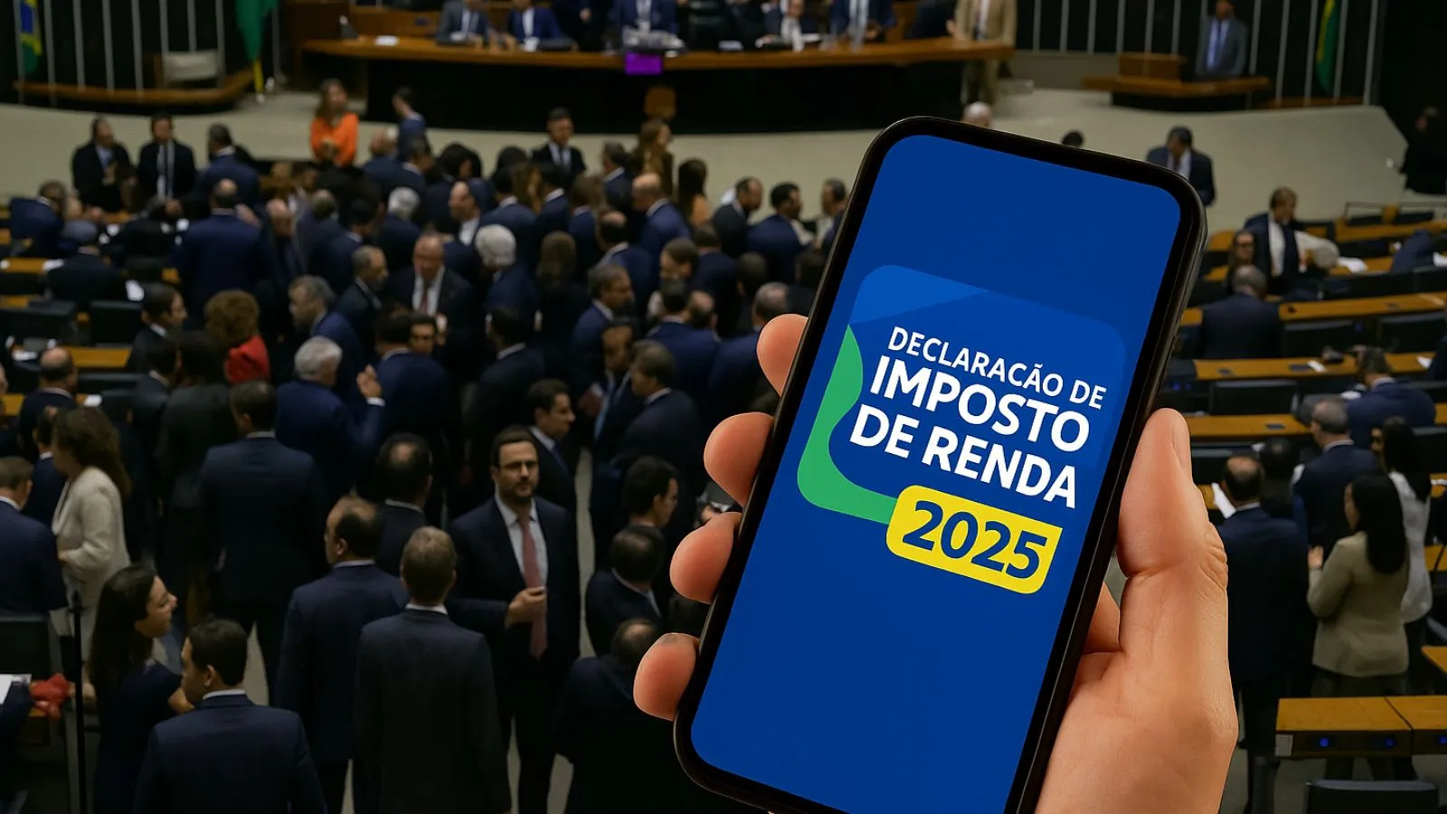 Câmara dos deputados e aplicativo do Imposto de Renda em celular