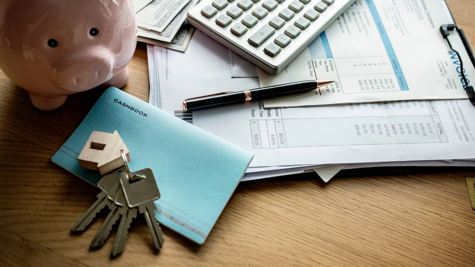 Contas, cofrinho e chaves de casal