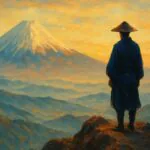 Japonês contemplando montanha