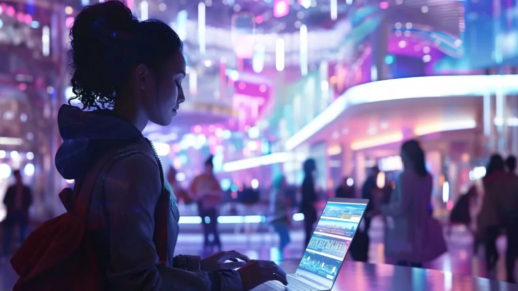 Mulher com notebook, &aacute;rea de tecnologia