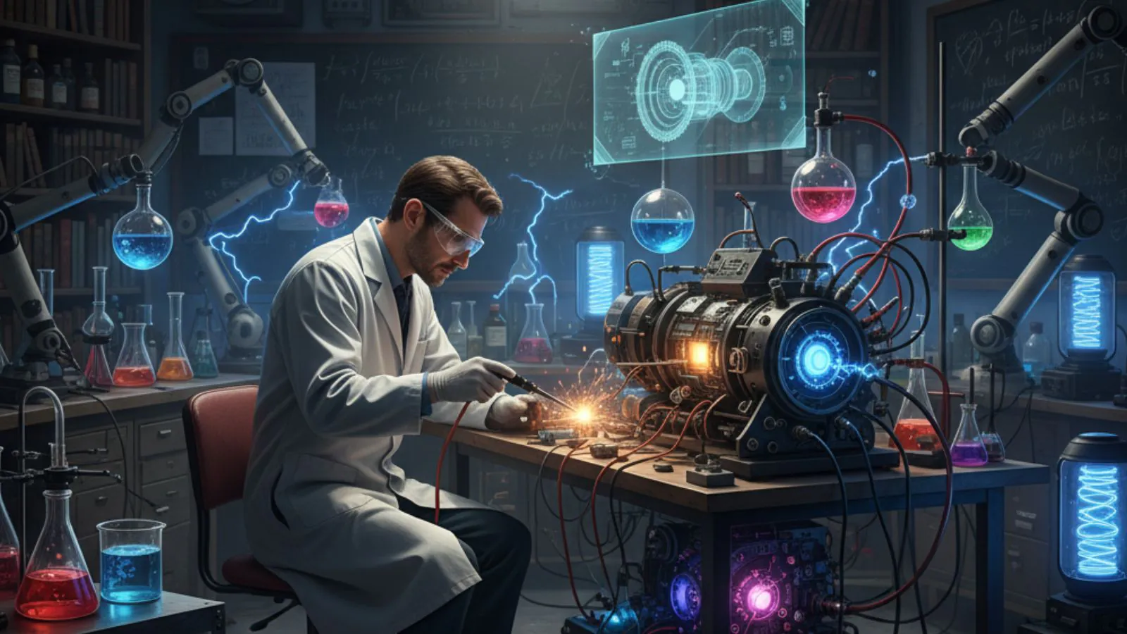 Homem em laboratório criando invenção