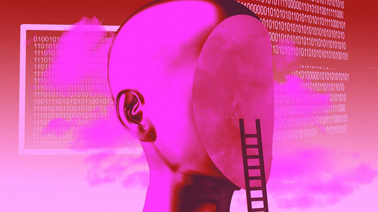 cabeça sem rosto com aplicação de filtro rosa