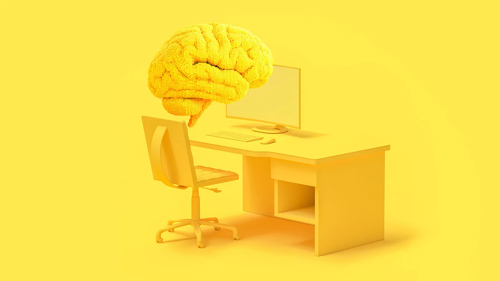 cérebro em uma cadeira em frente a um computador