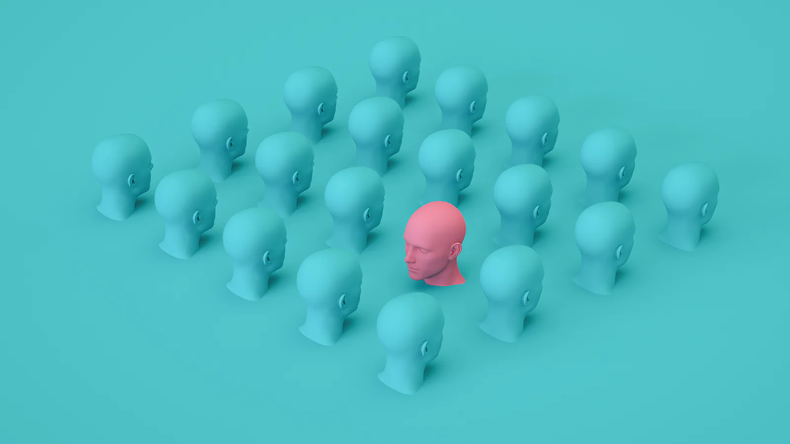 conjunto de cabeças azuis com uma cabeça vermelha em posição diferente das demais