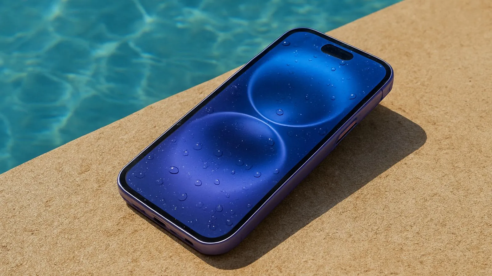 iPhone 16 molhado à beira da piscina