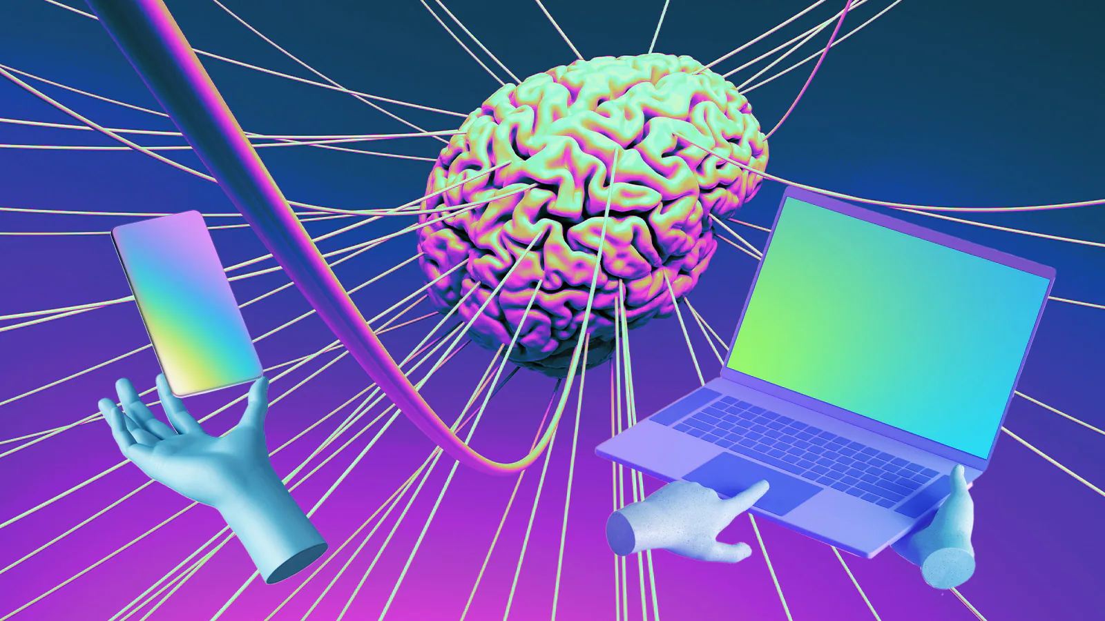 imagem ilustrativa de um cérebro ligado por cabos a um computador