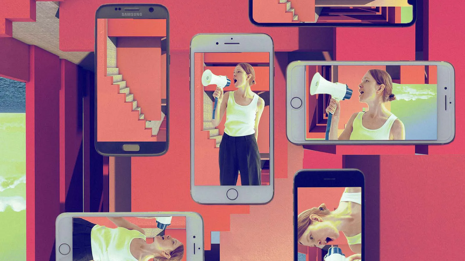 tela de celular mostra mulher com megafone