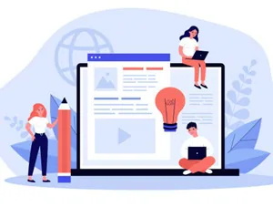 ilustra&ccedil;&atilde;o com pessoas &agrave; volta de uma grande tela de  computador