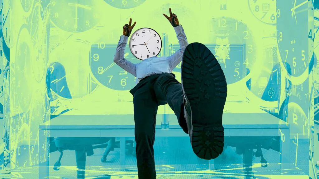 funcion&aacute;rio cansado  com rel&oacute;gio no lugar da cabe&ccedil;a