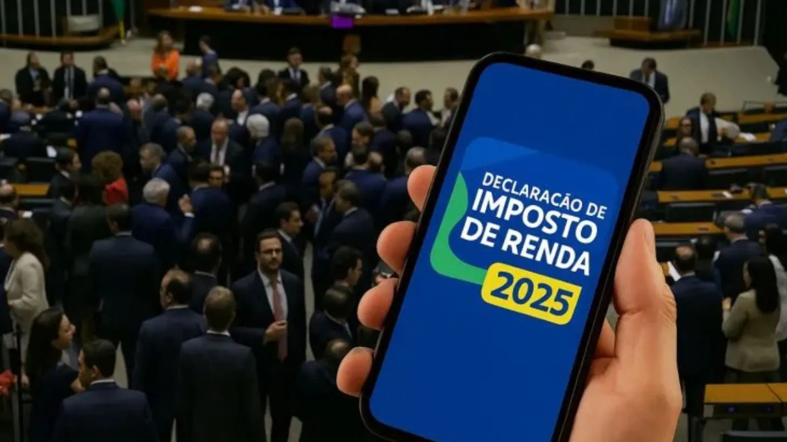 Câmara dos deputados e tela do Imposto de Renda