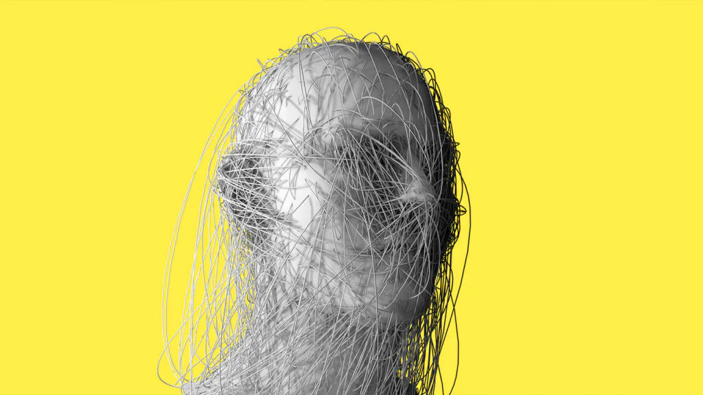 cabeça humana coberta por uma rede de fios entrelaçados