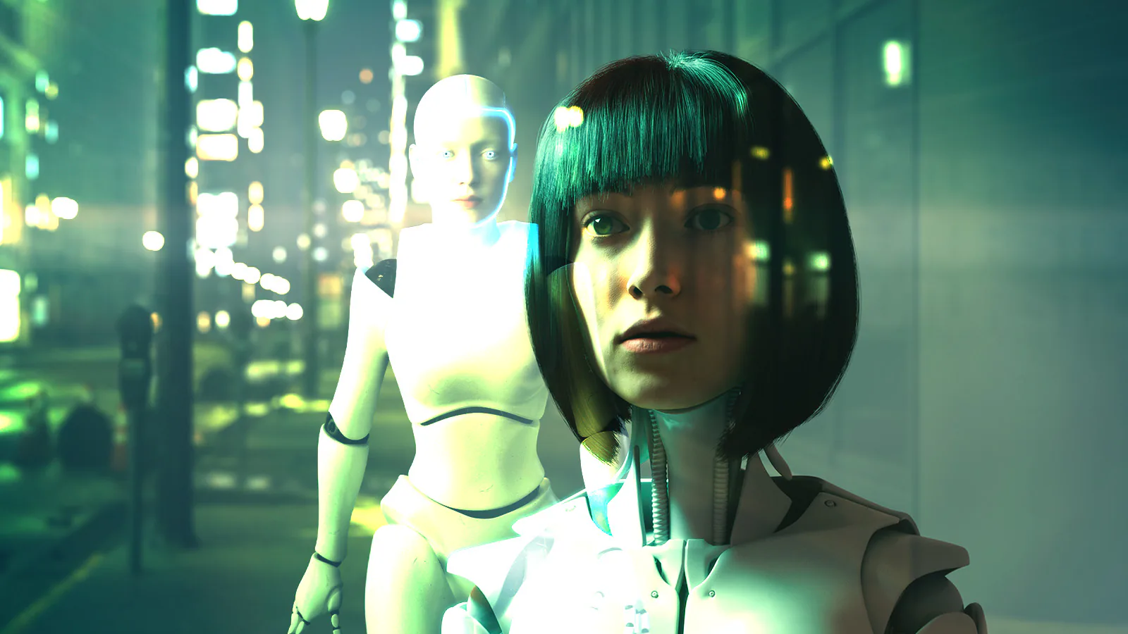 dois robôs com feições e corpo feminino