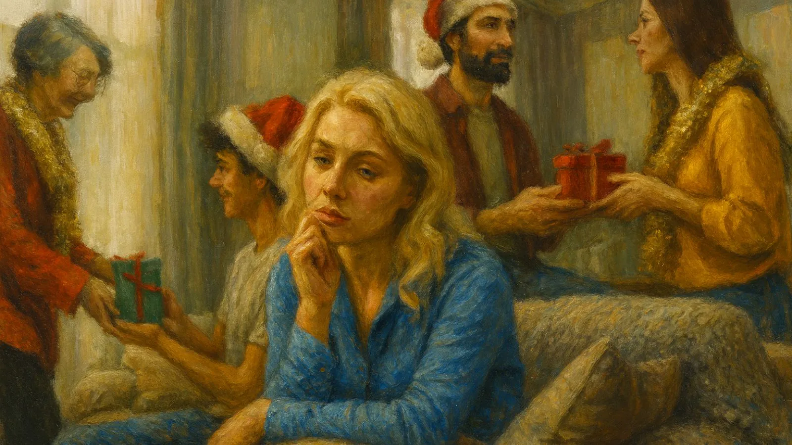 Mulher triste natal em família.