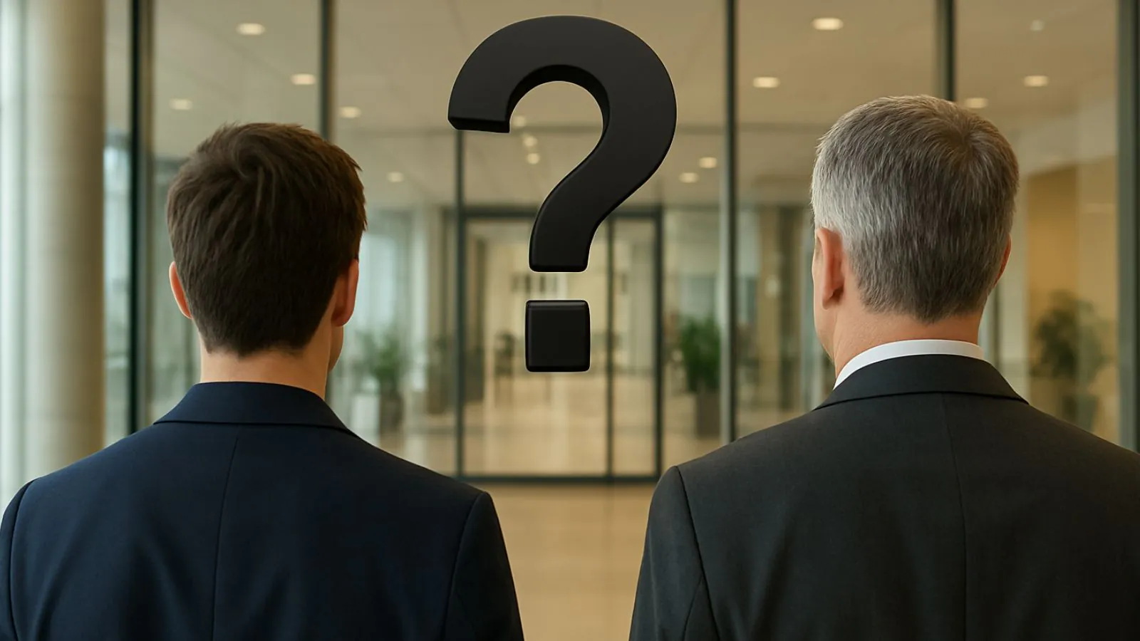 Homens joven e mais velho de costa com interrogação ao meio