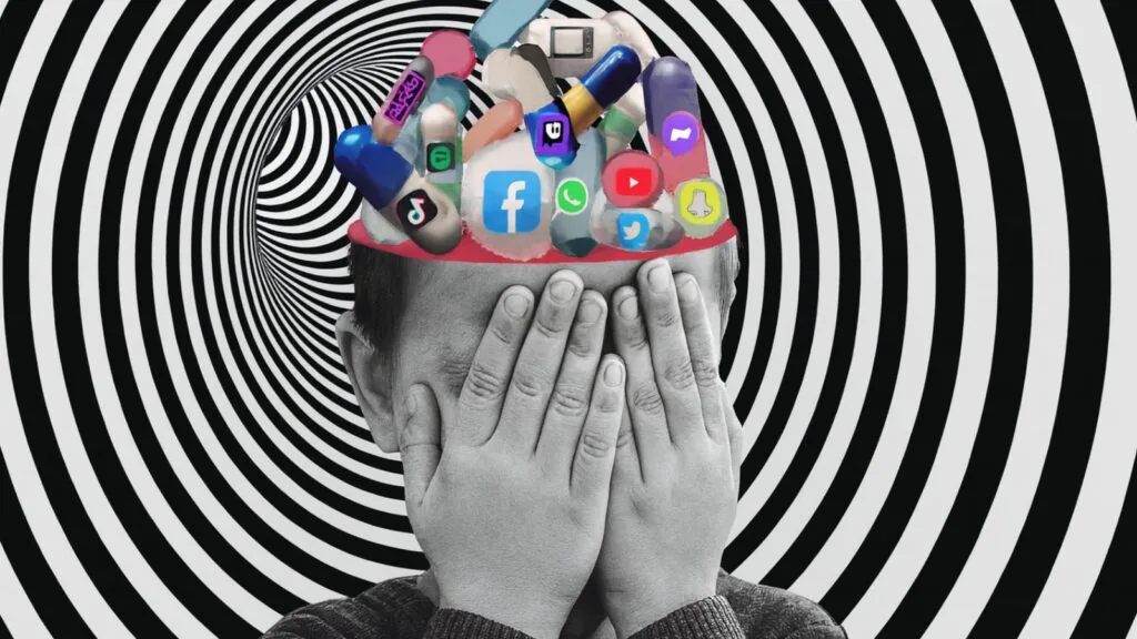 Criança com cabeça aberta e redes sociais pulando da cabeça