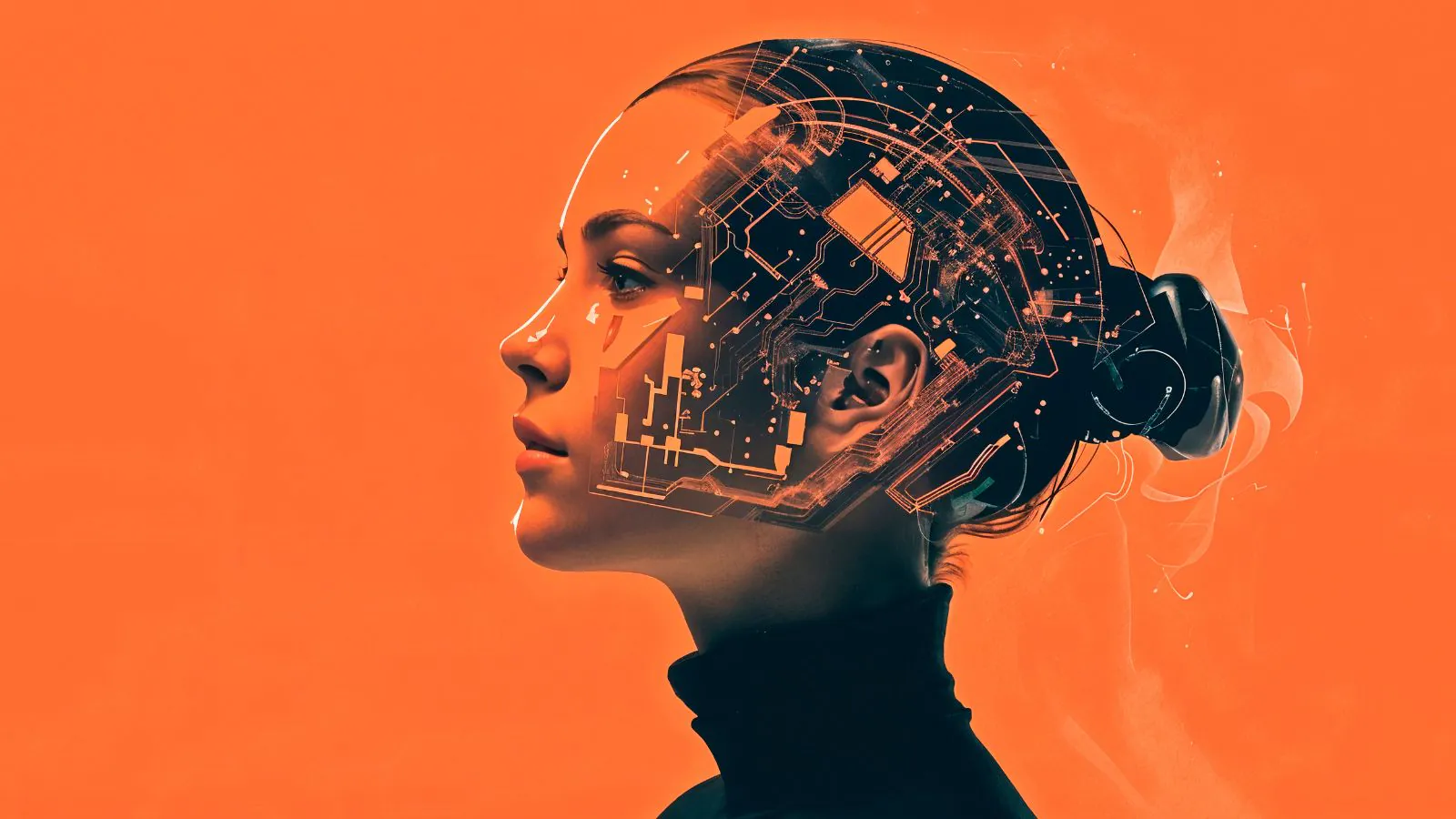 Robô humanoide em fundo laranja