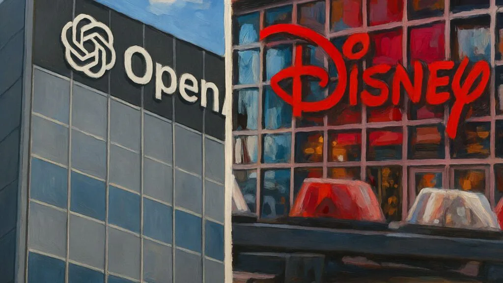 Prédio da OpenAI e da Disney dividindo tela