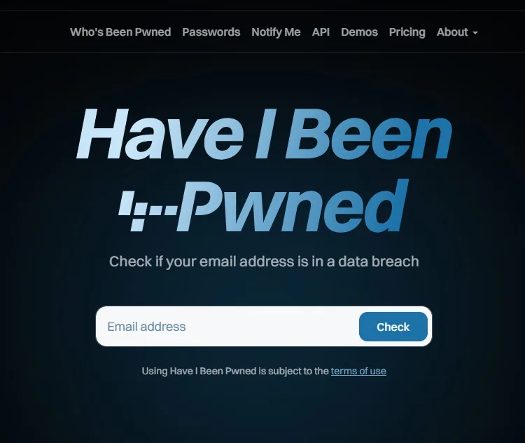 tela do aplicativo Have I Been Pwned, para verifica&ccedil;&atilde;o de vazamento de dados
