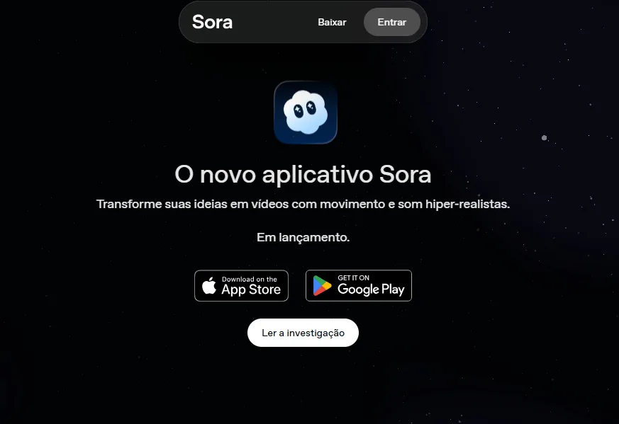 tela do aplicativo Sora 2, de cria&ccedil;&atilde;o de v&iacute;deos  com intelig&ecirc;ncia artificial