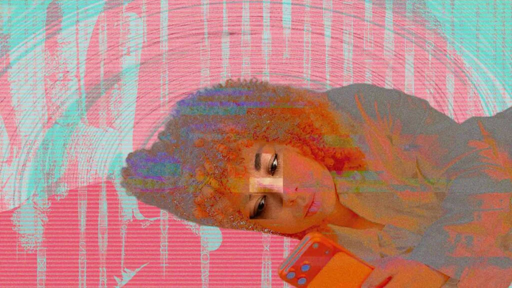 imagem estilizada do rosto de uma mulher triste olhando o celular