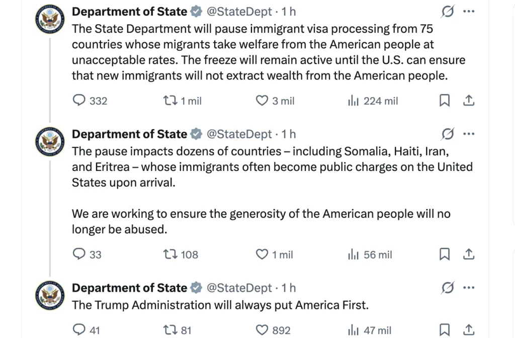 publica&ccedil;&atilde;o do Departamento de Estado dos EUA sobre o congelamento das emiss&otilde;es de visto para cidad&atilde;os de 75 pa&iacute;ses, incluindo o Brasil (14/01)