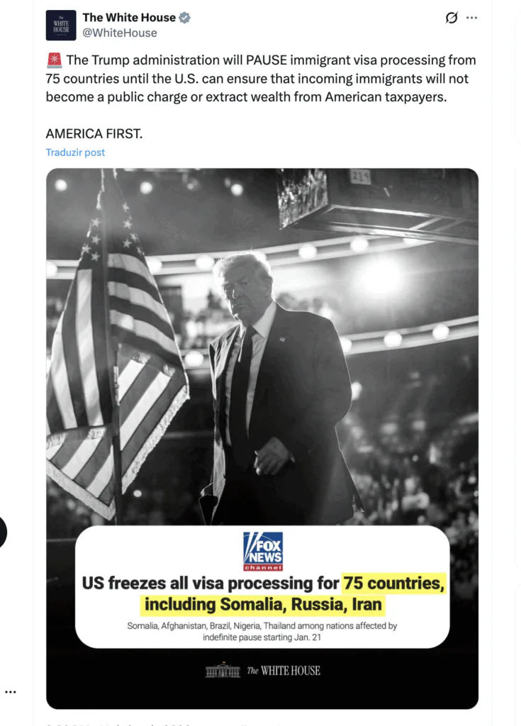 postagem da Casa Branca sobre a suspens&atilde;o de vistos para imigrantes, inclusive do Brasil