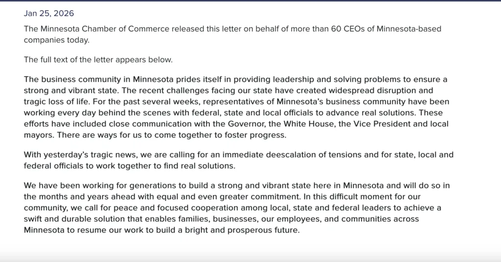 mais de 60 CEOs de empresas sediadas em Minnesota, incluindo Target, Best Buy e UnitedHealth, assinaram uma carta aberta pedindo &ldquo;uma redu&ccedil;&atilde;o imediata das tens&otilde;es e que autoridades estaduais, locais e federais trabalhem juntas para encontrar solu&ccedil;&otilde;es reais&rdquo;.2502/2026