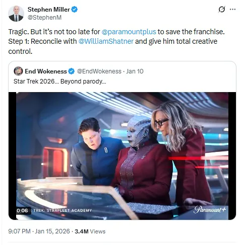 post no X criticando o seriado "Star Trek: Starfleet Academy"