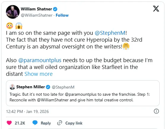 post de William Shatner no X defendendo o seriado "Star Trek: Starfleet Academy"