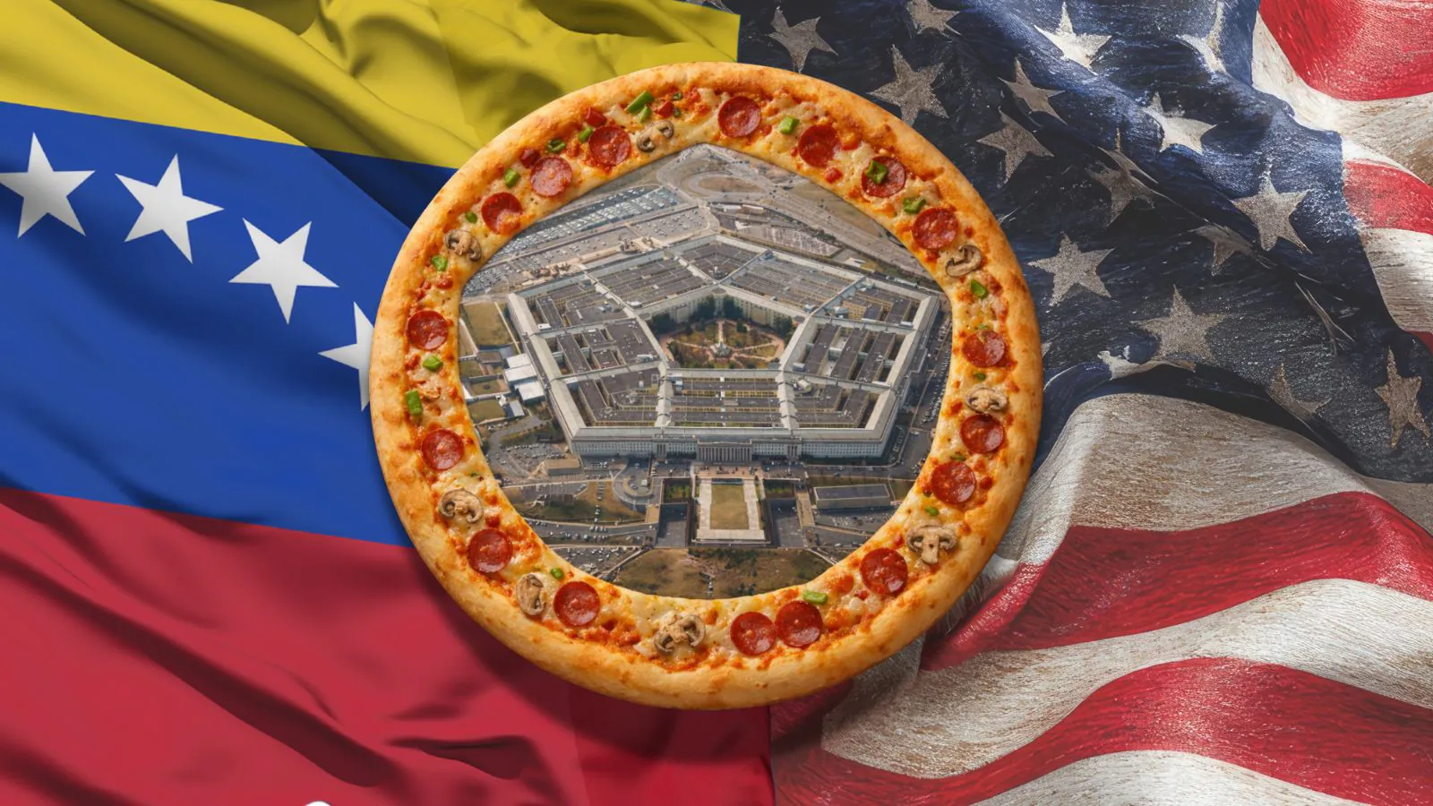 Bandeira EUA e Venezuela e Pentagono e pizza