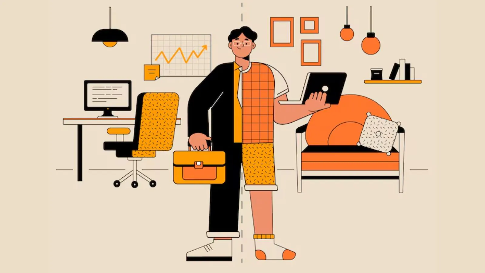 Desenho de um menino vestido meio indo trabalhar presencial e meio trabalhar em casa, as cores do desenho é na paleta de laranja e preto