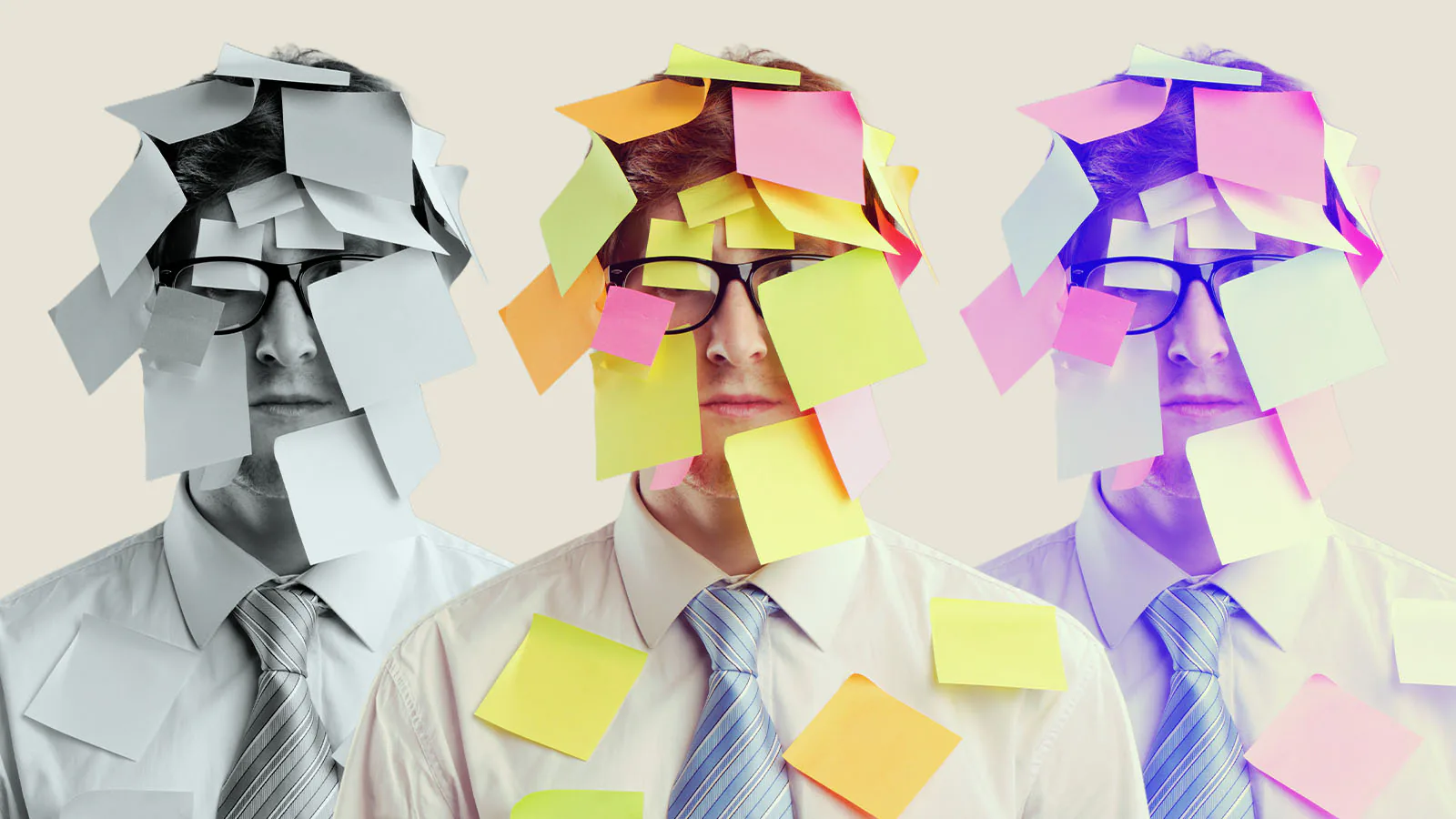 funcionário com post its colados na cabeça e peito