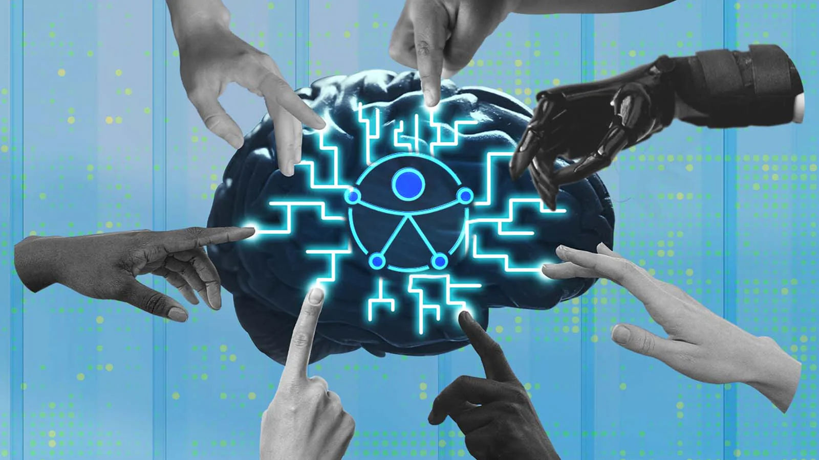 mãos tocam em cérebro artificial