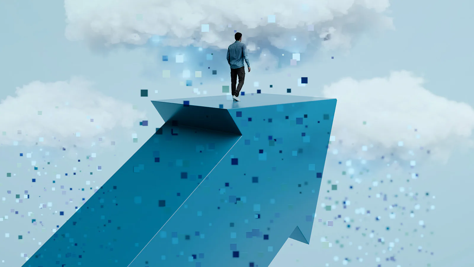 homem sobre plataforma com fundo formado por bits