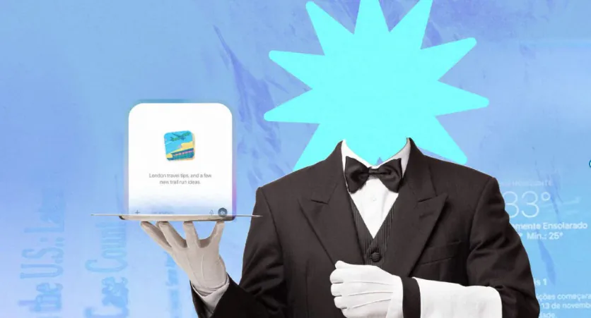 gar&ccedil;om com cabe&ccedil;a estilizada segura uma bandeja com um an&uacute;ncio digital