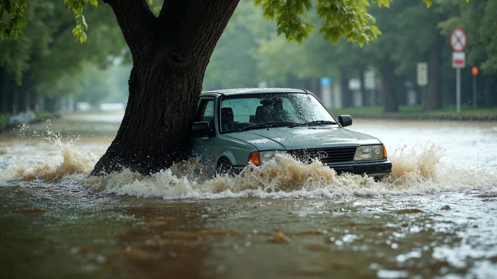 Carro andando na enchente.