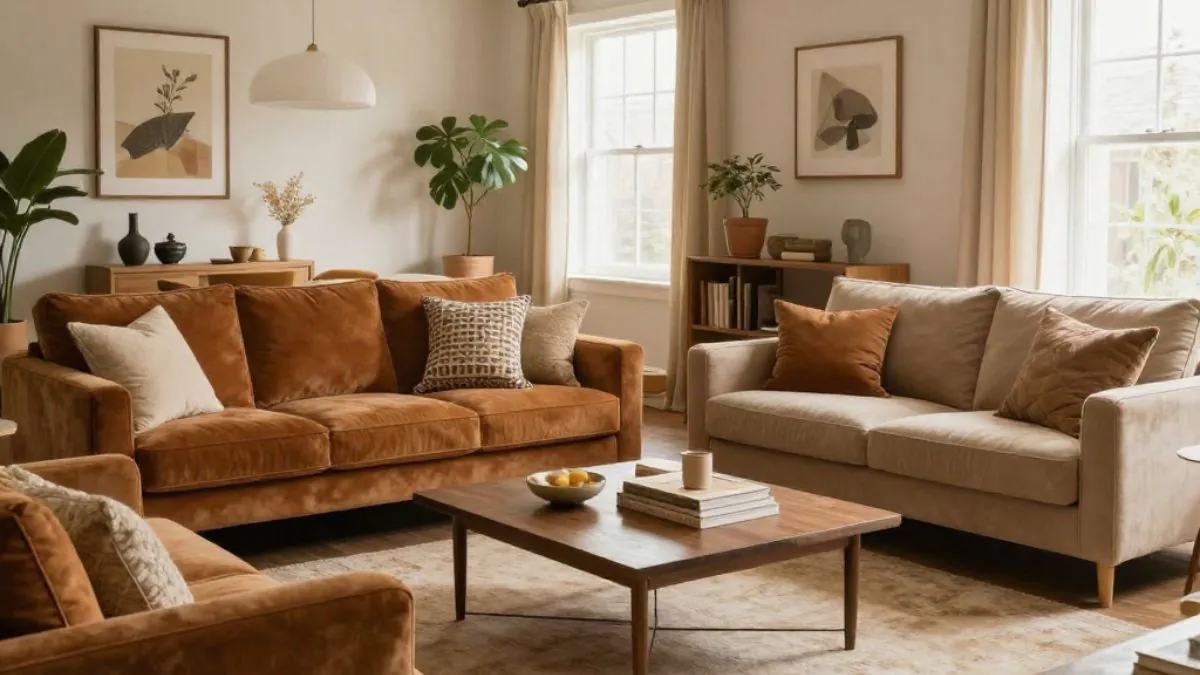 Sala de estar com cores terrosas e quentes.