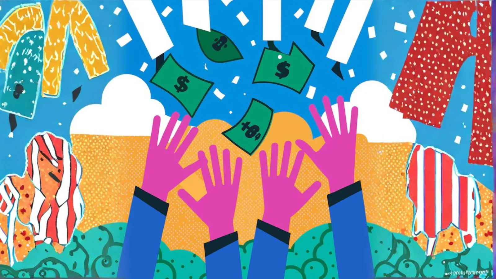 Imagem de mãos levantadas pegando dinheiro