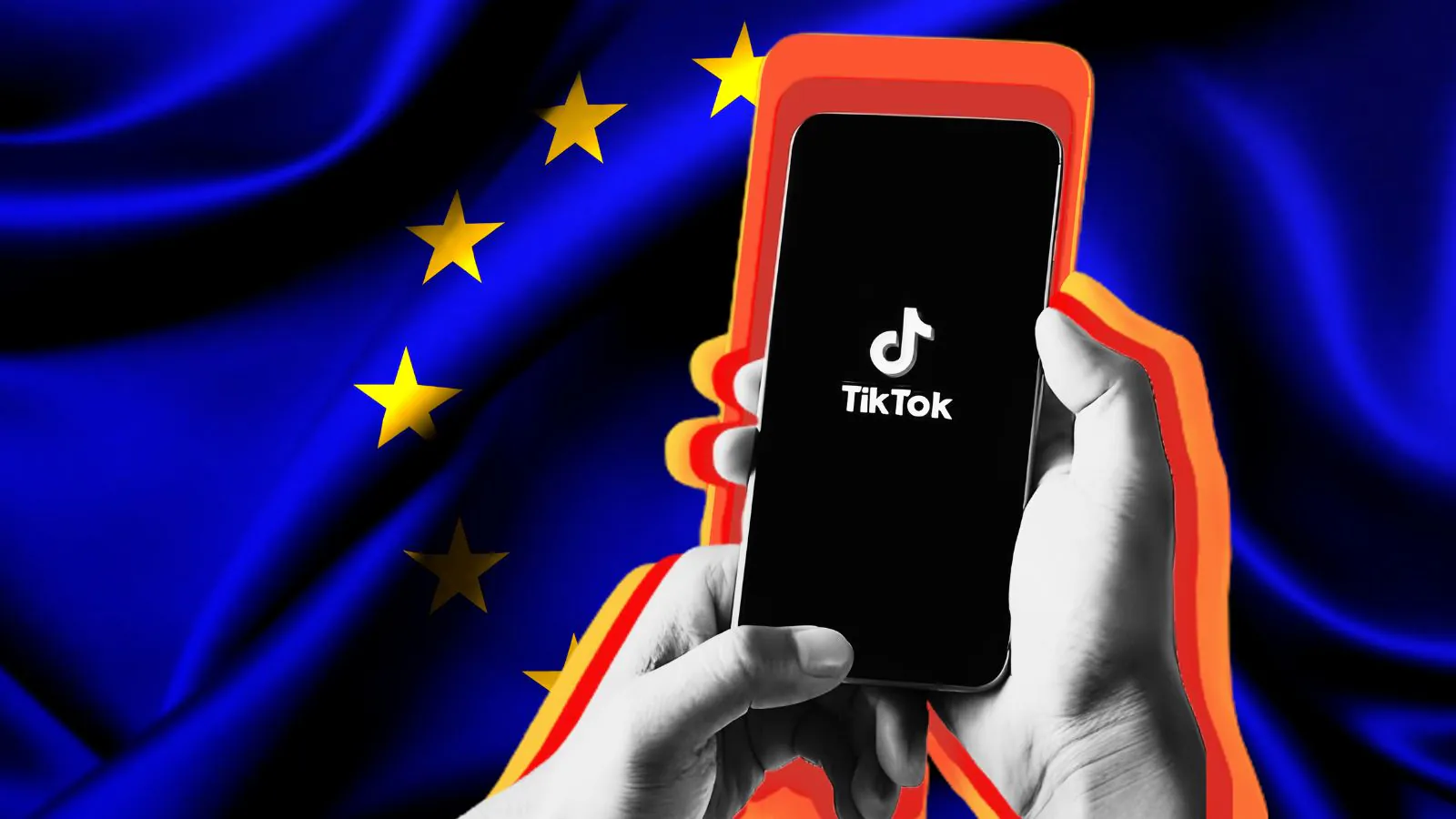 Mão segurando celular no app do Tiktok e a bandeira da União Europeia atrás.