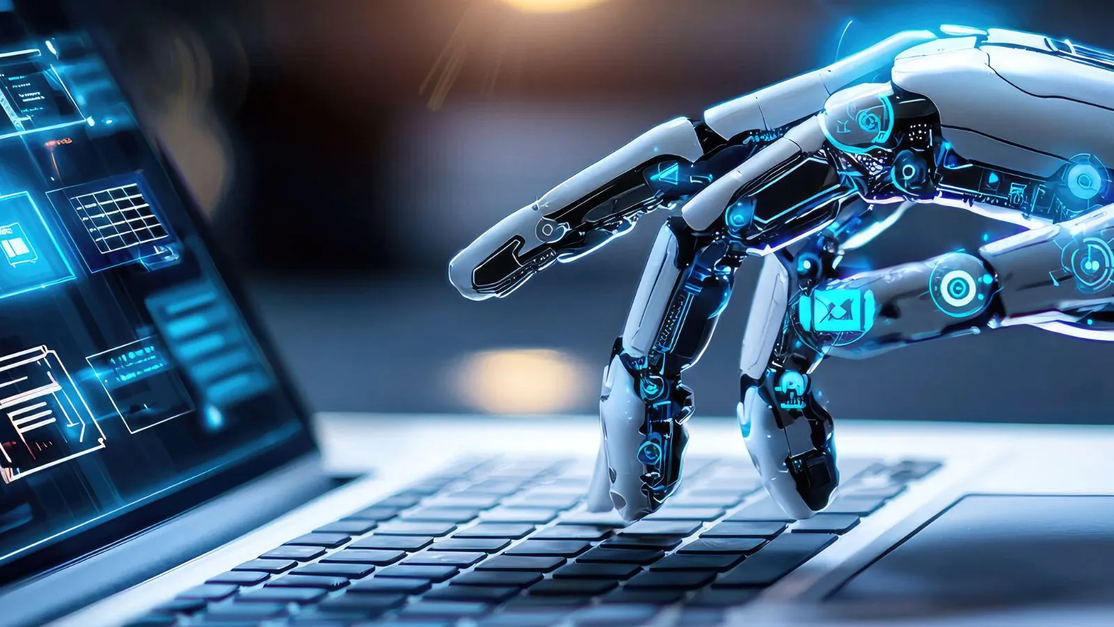 Mão de robô mexendo no notebook