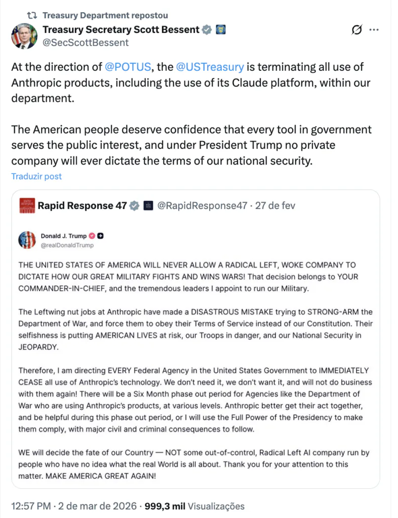 nota da secretaria do tesouro dos EUA sobre a Anthropic