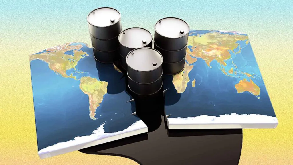 ilustra&ccedil;&atilde;o com quatro barris de petr&oacute;leo sobre o mapa mundi, inundado por petr&oacute;leo