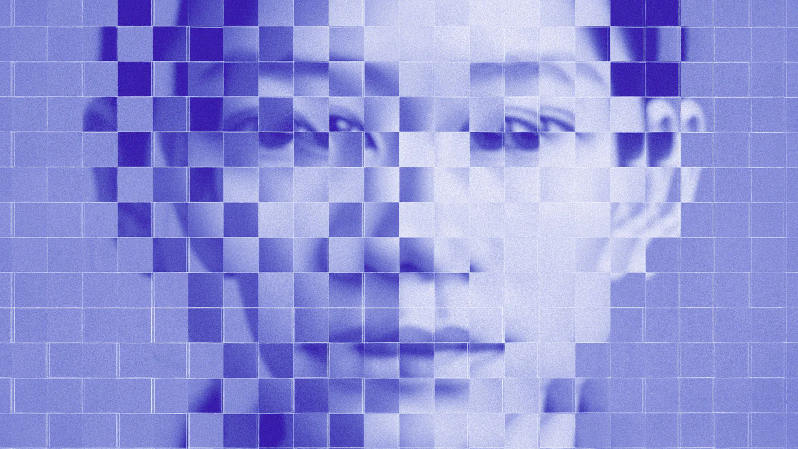 Rosto humano em close aparece parcialmente oculto por uma grade de quadrados pixelados em tons de azul e roxo, criando um efeito de distorção digital e anonimização da imagem.