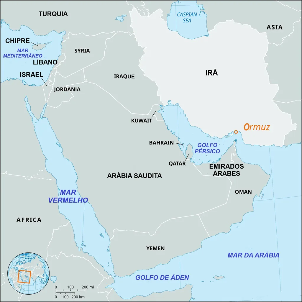 Mapa do Oriente Médio com destaque para o estreito de Ormuz