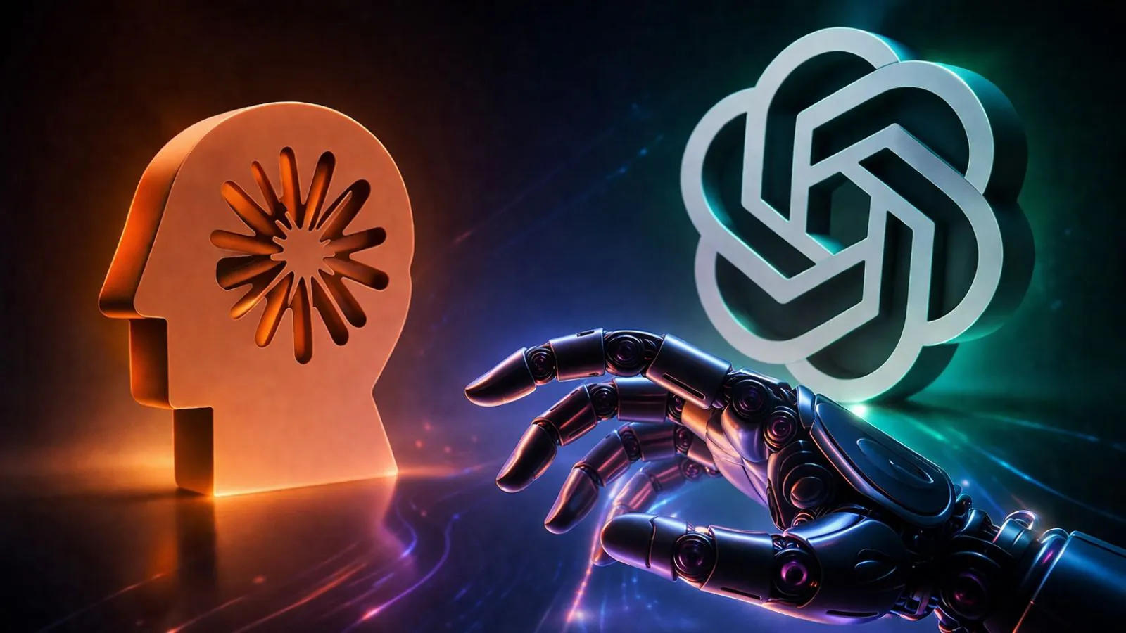 Arte futurista com mão robótica e elementos digitais iluminados, representando inovação e tecnologia em IA.