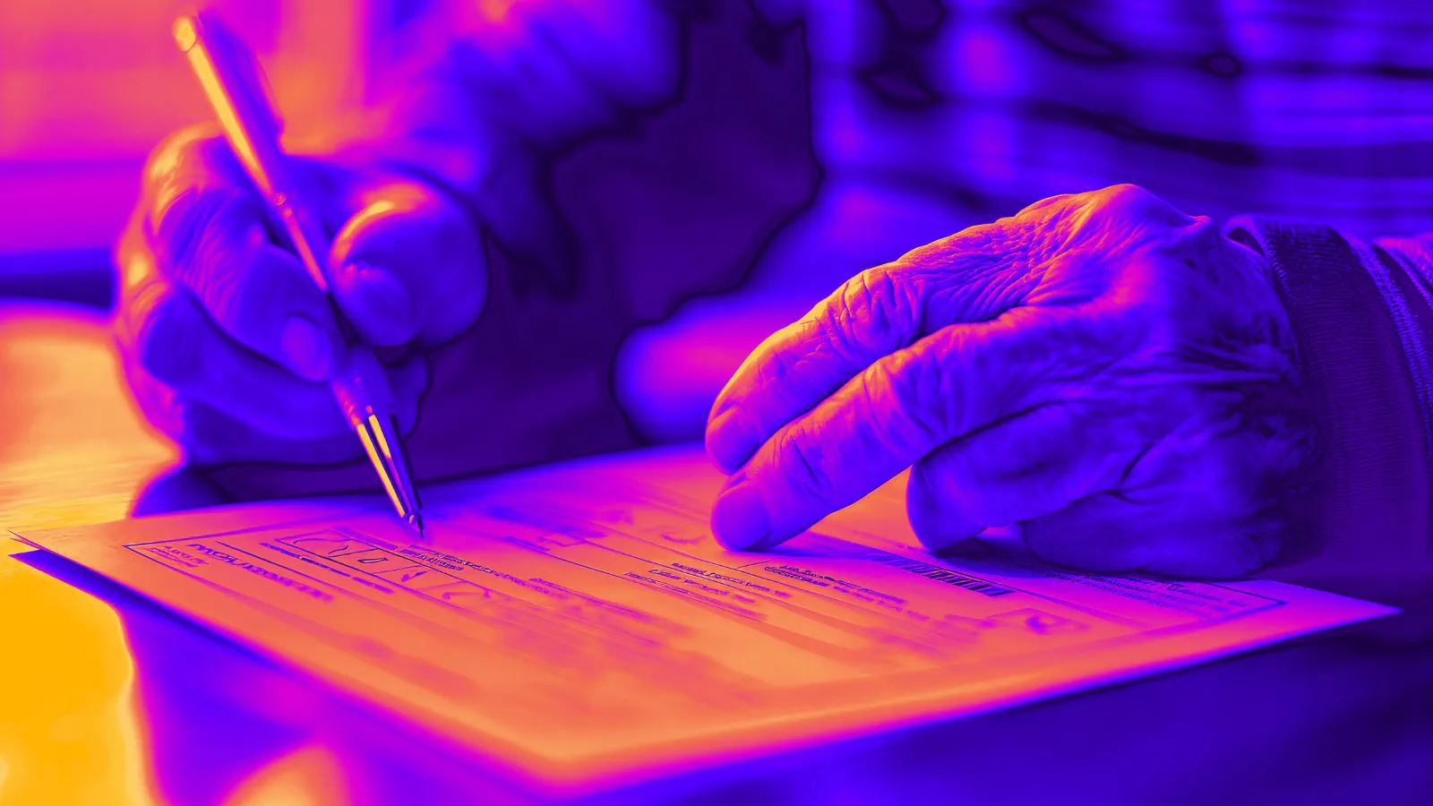 Mão de idoso assinando documentos