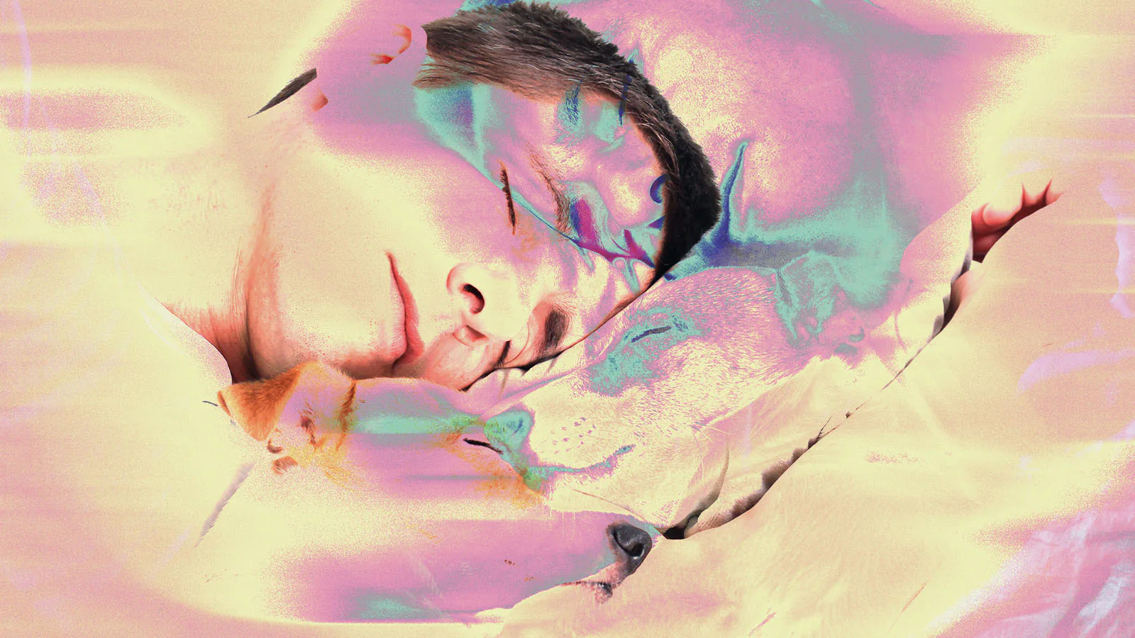 Pessoa dorme abraçada a um cachorro, em uma composição com sobreposição de imagens e tons suaves de rosa, azul e bege. O efeito visual cria uma cena onírica e acolhedora, destacando intimidade, descanso e afeto entre humano e animal.