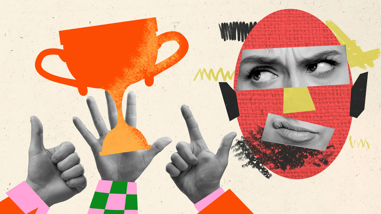 Colagem artística mostra um troféu laranja em destaque ao lado de mãos fazendo gestos e de um rosto fragmentado com expressão desconfiada. A composição mistura recortes, texturas e formas abstratas, sugerindo tensão, julgamento ou disputa por reconhecimento.